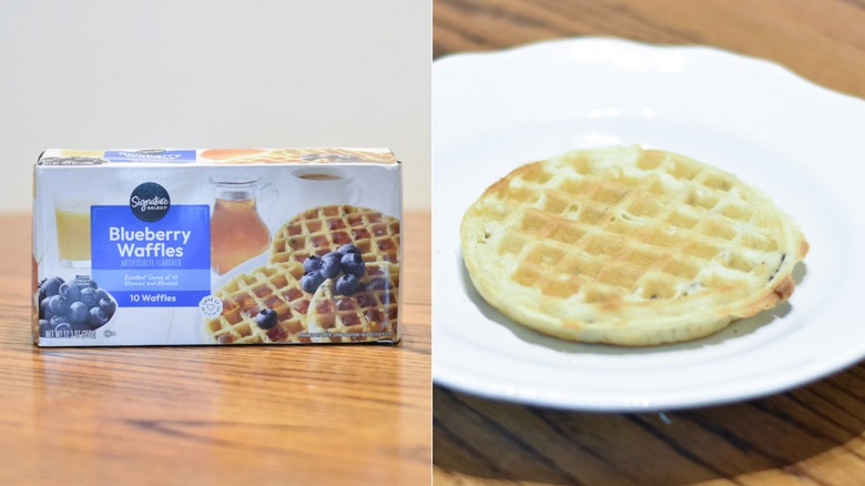 A box of Signature Select waffles next to a waffle on a white plate