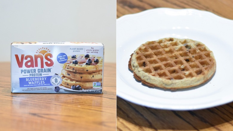 A box of Van's waffles next to a waffle on a white plate
