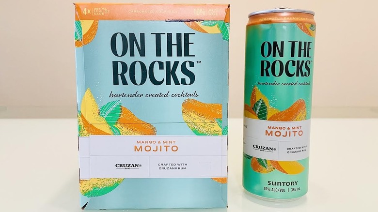 Case and can of On The Rocks Mango & Mint Mojito