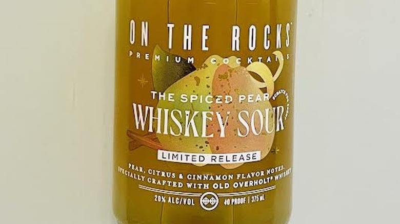 Close-up of On The Rocks Spiced Pear Whiskey Sour label