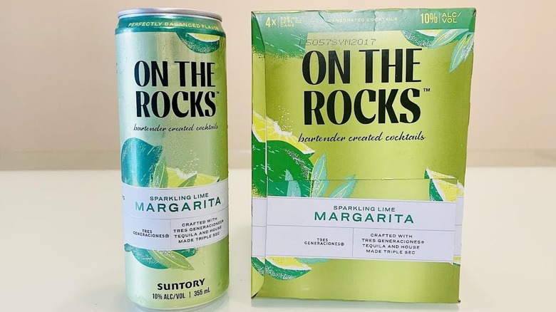 Case and can of On The Rocks Sparkling Lime Margarita