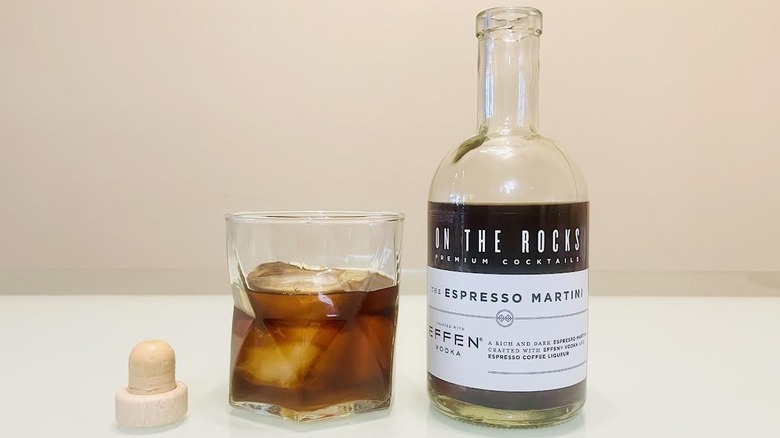 Bottle and glass of On The Rocks Espresso Martini