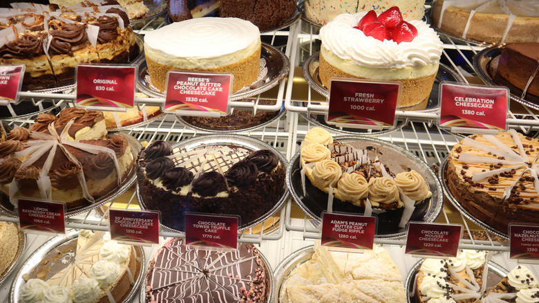 Overview shot of various flavors of cheesecake from the Cheesecake factory