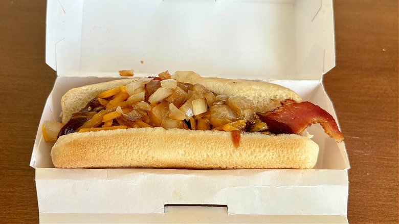 A BBQ Bacon Dog sitting in its packaging