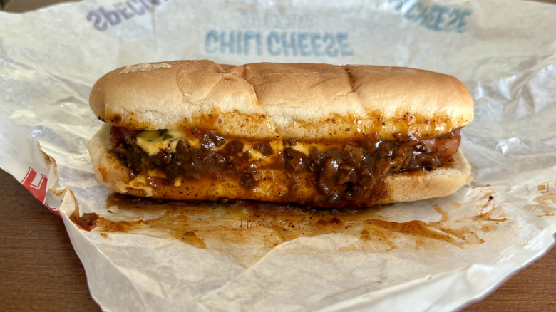 A Chili Cheese Dog on its wrapper