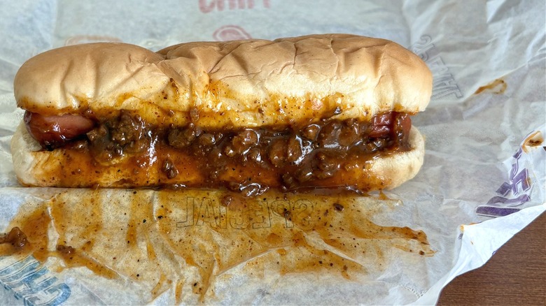 A Chili Dog on its wrapper