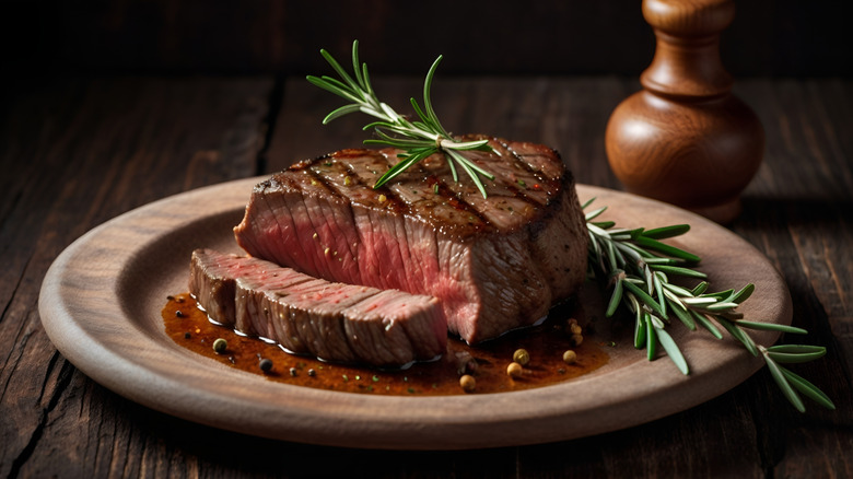 steak on a plate garnished with rosemary