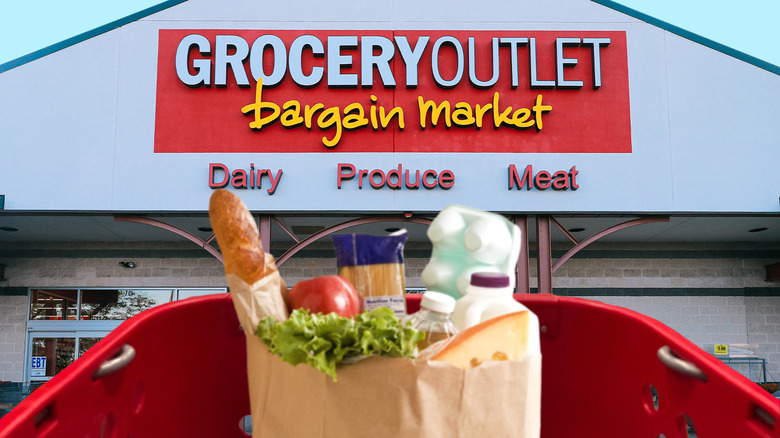 Grocery Outlet Bargain Market with cart of groceries in foreground