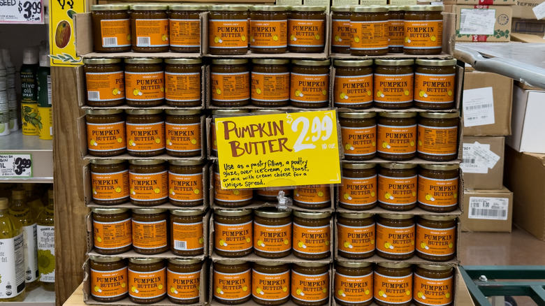 shelf full of Trader Joe's pumpkin butter