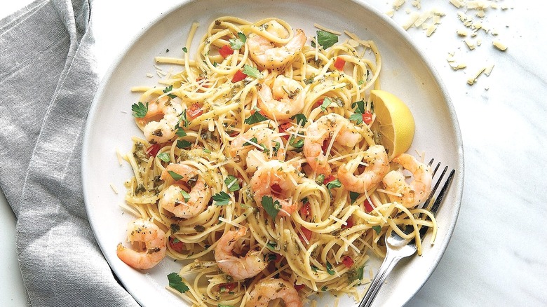 Shrimp pasta on white plate