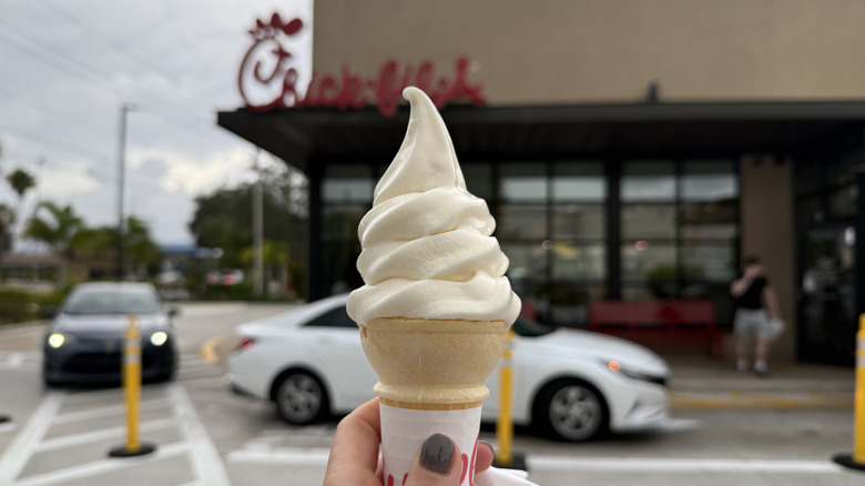 chick fil a icedream cone outside of chick fil a restaurant