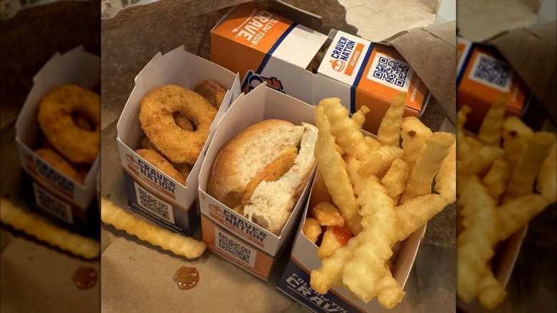 Chicken sliders, chicken rings, and french fries from White Castle