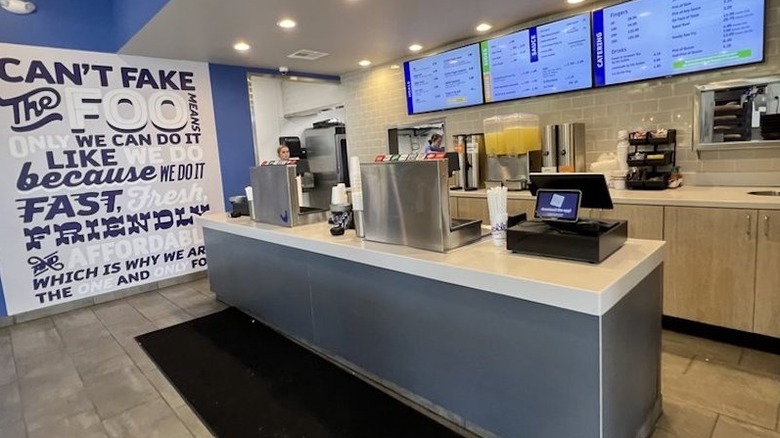 Interior of a Foosackly's chicken finger chain restaurant.