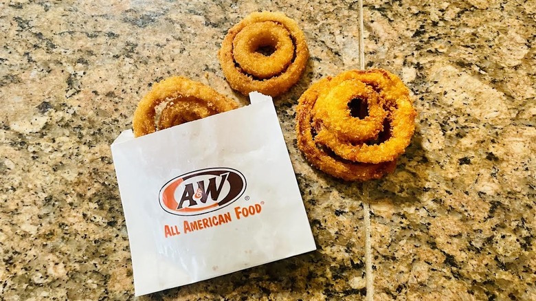 Order of A&W Onion Rings on marble counter