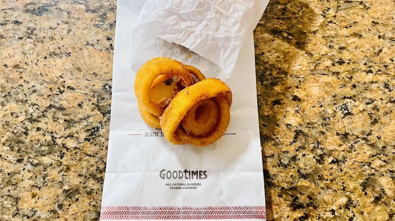 Order of Good Times Onion Rings on marble counter