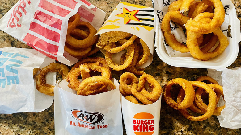 Collection of onion rings from various fast food restaurants