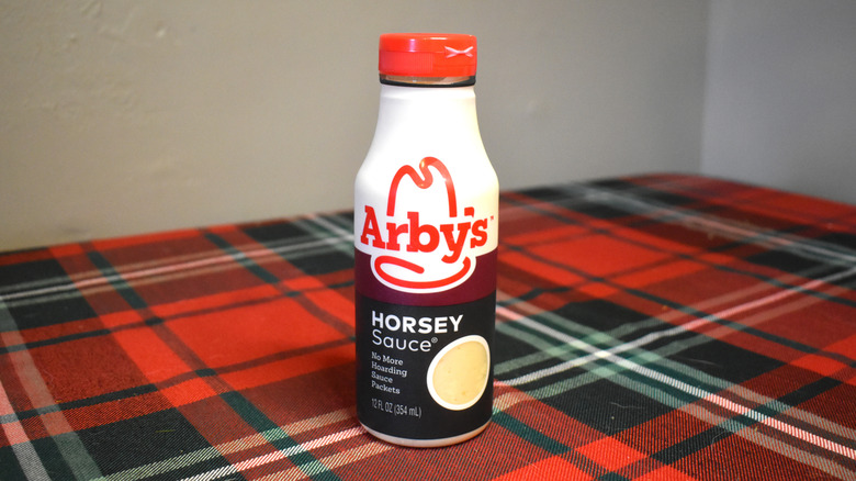 bottle of horsey sauce on a table