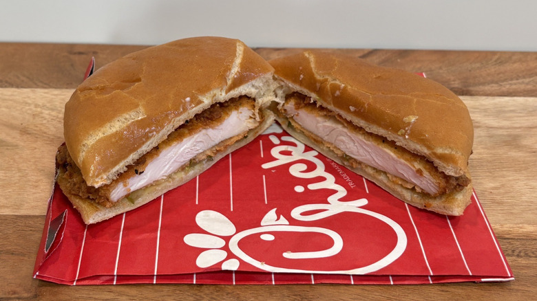 CFA Spicy Chicken Sandwich cut in half on Wrapper