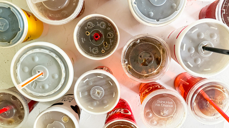 An overhead view of a group of disposable sweet tea cups