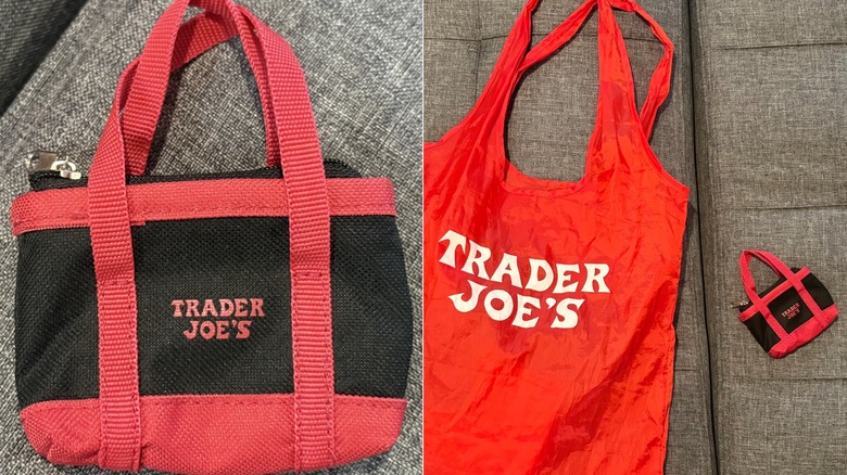A side by side showcase of the micro tote bag and the grocery bag that comes inside of it