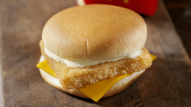 McDonald's Filet-O-Fish sandwich on wooden table
