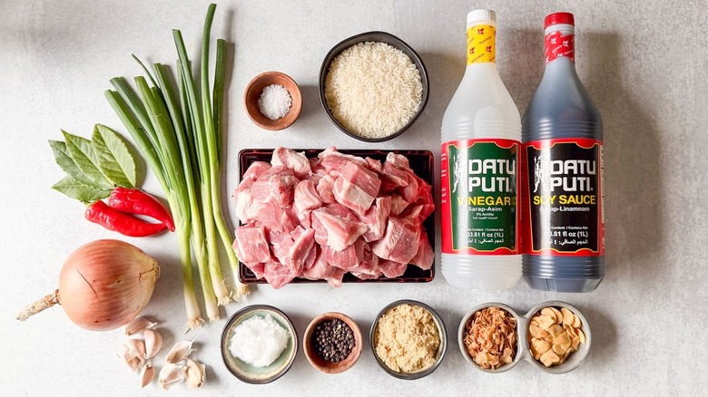 Filipino pork adobo ingredients on countertop