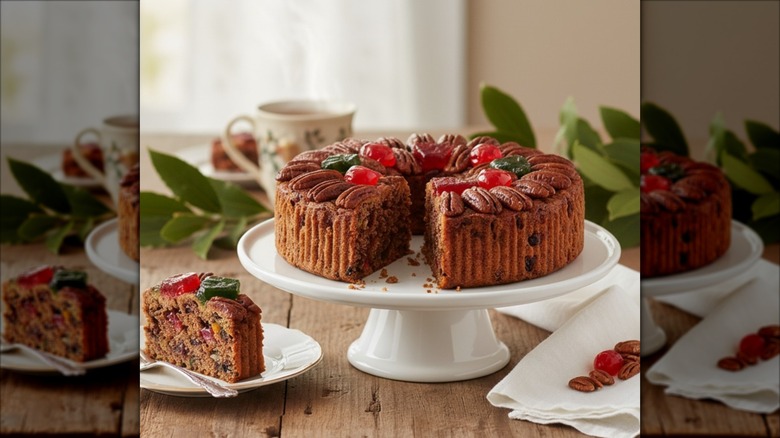 collin street bakery's deluxe fruitcake on a cake stand, with a slice set on a plate