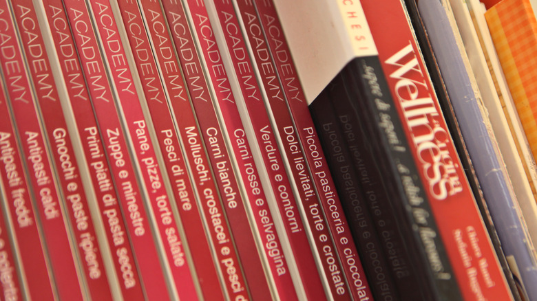 cookbooks grouped together by color
