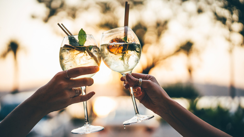 Two woman clinking cocktail glasses