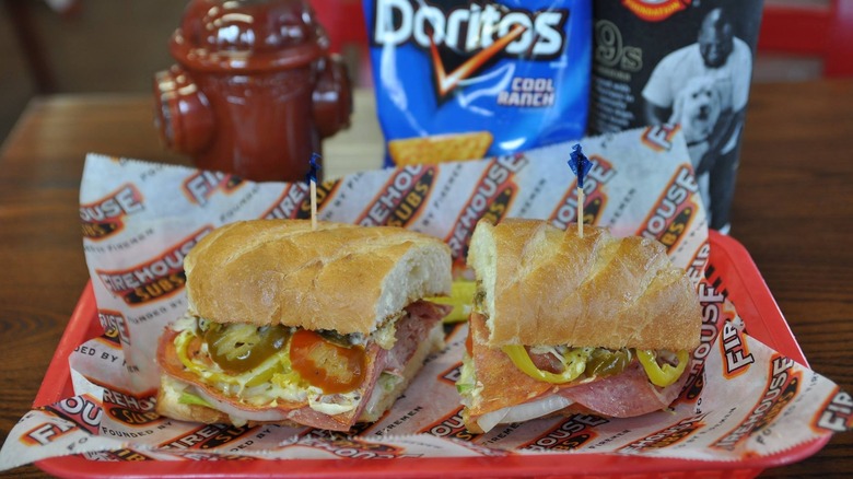 Firehouse Subs sandwich loaded up with various spicy peppers