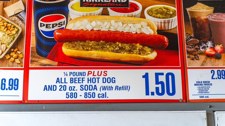 A Costco food court sign displaying the famous hot dog and soda combo for $1.50