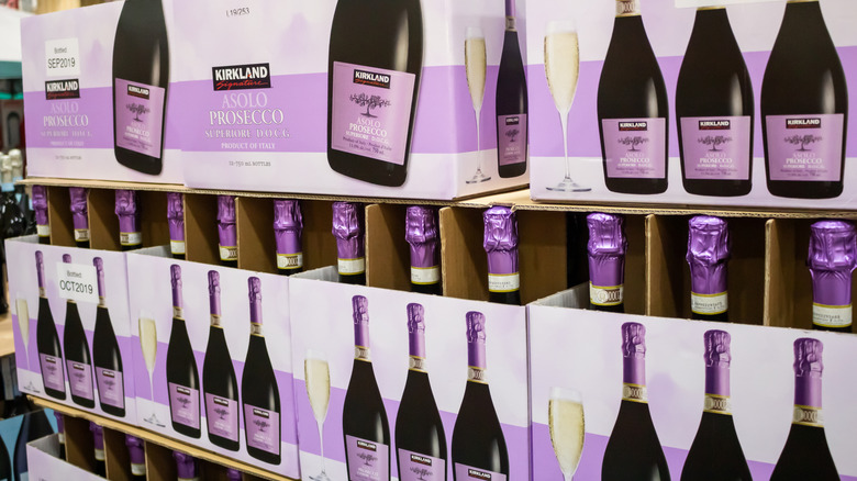 Cases of Kirkland Signature Prosecco at a Costco warehouse