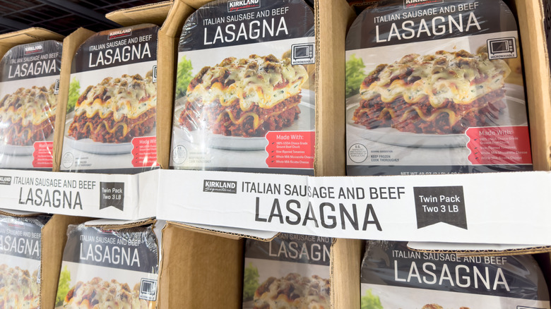 Boxes of Kirkland Signature Sausage and Beef Lasagna at a Costco warehouse