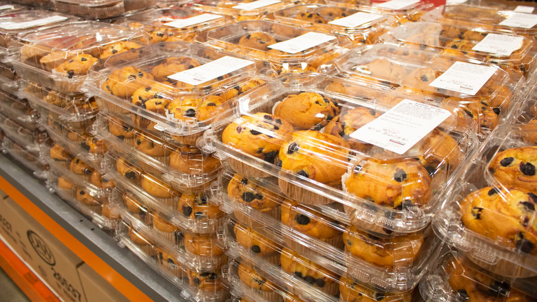 Packages of blueberry muffins on display at a Costco warehouse