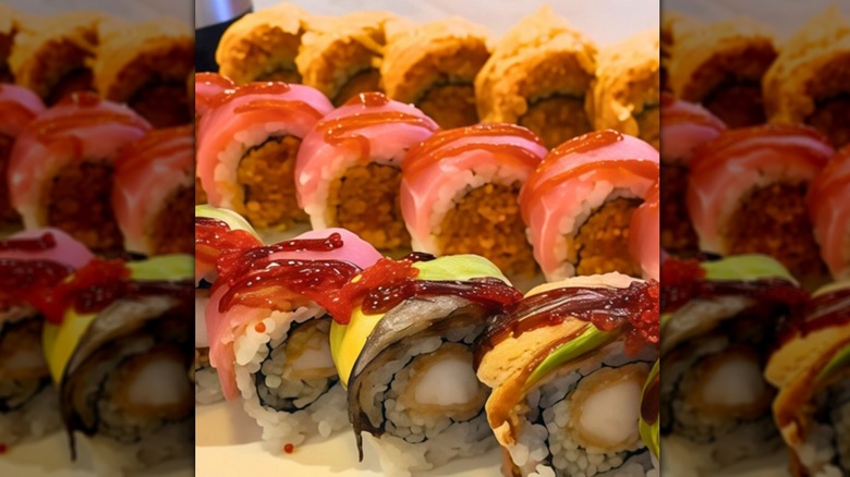 assortment of rolls in a sushi boat