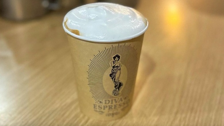 A to-go cup of a cappuccino from Diva Espresso in Seattle.