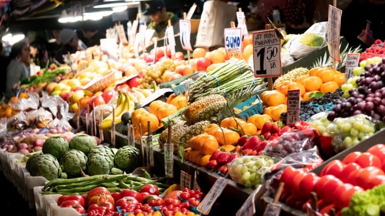 Fresh produce on display at a stall in Pike Place Market in Seattle.