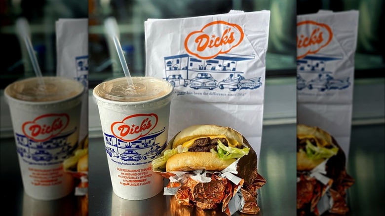 a burger, drink, and bag from Dick's Drive-In Restaurant in Seattle