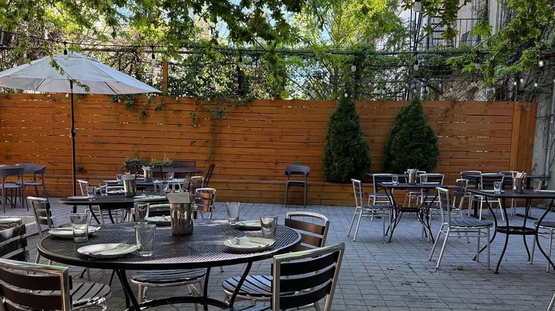 The back yard at Popina in Brooklyn is surrounded by greenery.
