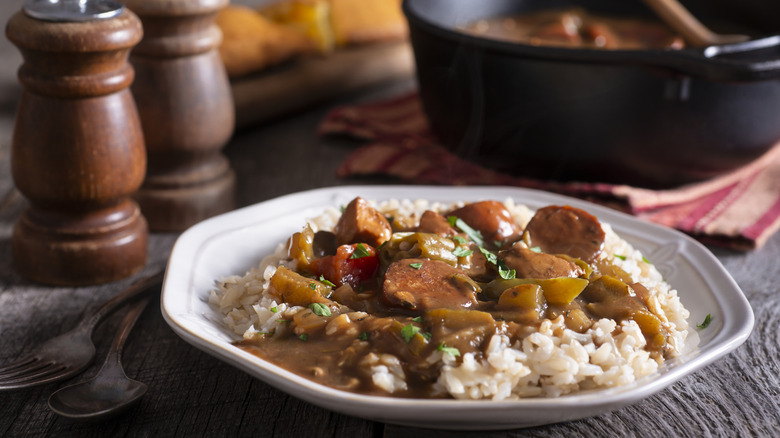 Plate of sausage gumbo over rice