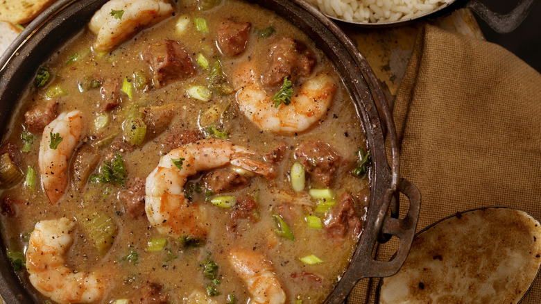 Pot of gumbo with shrimp