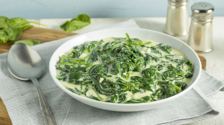 Bowl of creamed spinach