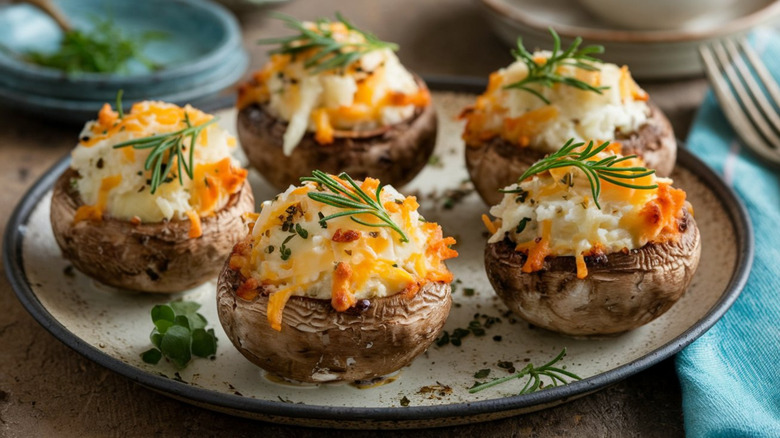 Stuffed mushrooms topped with fresh rosemary