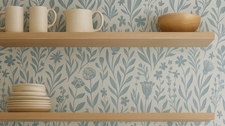 open shelving with wallpaper behind it