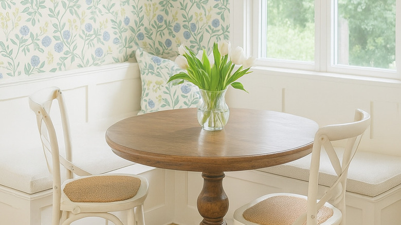 fresh flowers on breakfast nook table