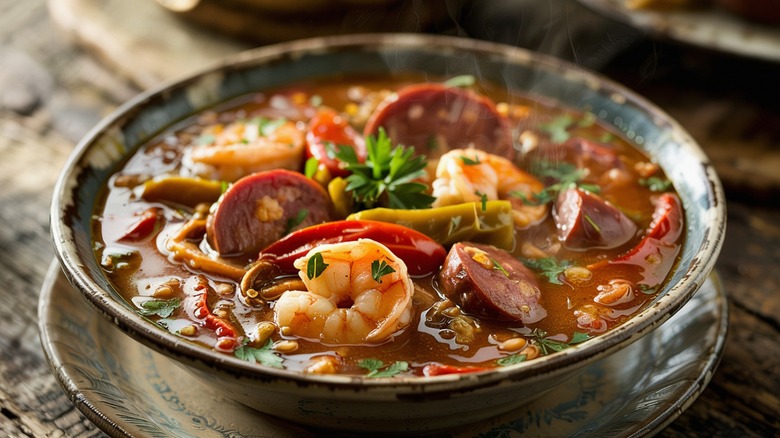 bowl of gumbo with fresh shrimp