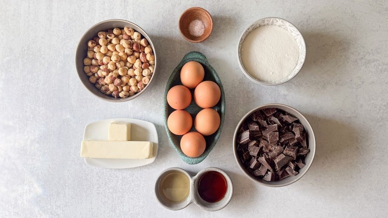 Flourless Italian gianduja chocolate cake ingredients on countertop