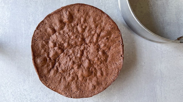 Baked flourless Italian gianduja chocolate cake next to springform pan