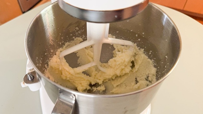 Butter and sugar beaten together in stand mixer bowl with paddle