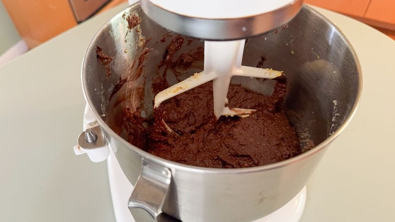 Gianduja chocolate cake batter in stand mixer bowl